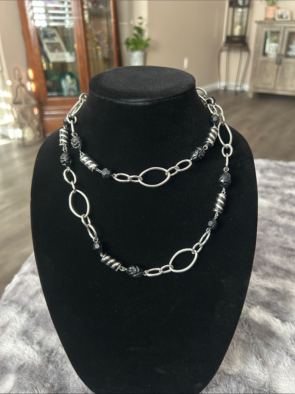 Lia Sophia Black and Silver Link Bead Necklace
